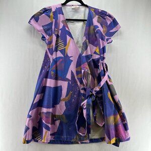 PIA Dress S Abstract Print A-Line Wrap Mini Cap Sleeve Tie Belted Purple